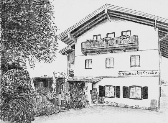 Landschaftszeichnung - Zeichnung eines Gasthauses